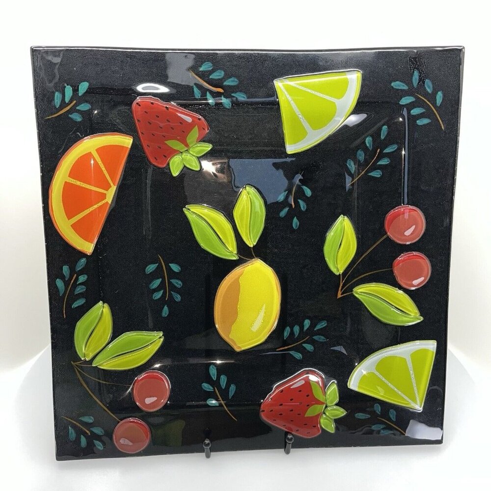 Large 14" Recessed Square Platter Vibrant Fused Glass Fruit on Black Background